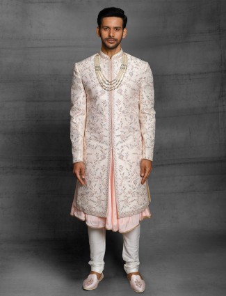 Light pink color silk sherwani for wedding event