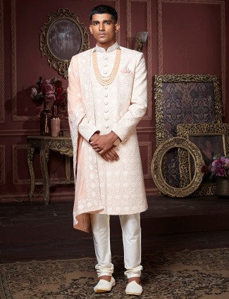 Light pink cotton silk wedding function sherwani