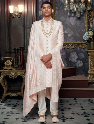 Light pink wedding wear sherwani in silk