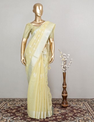 Light yellow latest designer wedding events cotton saree