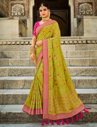 Lime green charming dola silk wedding saree for women