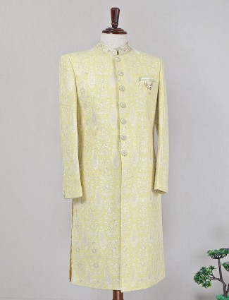Lime yellow georgette sherwani for wedding event