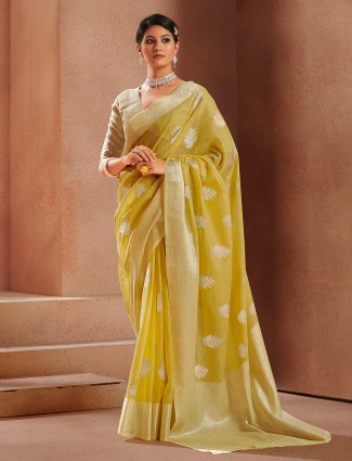 Lime yellow haldi look zari details linen saree