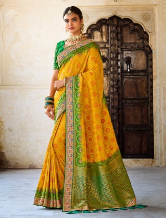 Lime yellow wedding look silk saree for women