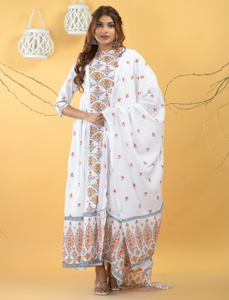 Luxuriant white cotton printed festive wear kurti
