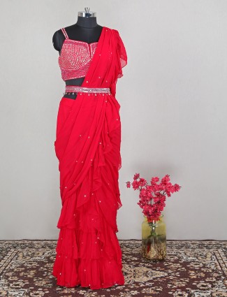 Magenta georgette ready to wear elegant saree with ready made blouse