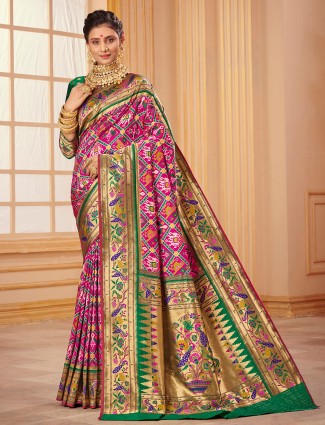 Magenta zari weave wedding look trendy patola silk saree