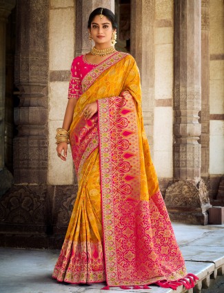 Magnificent bright yellow wedding look patola silk saree