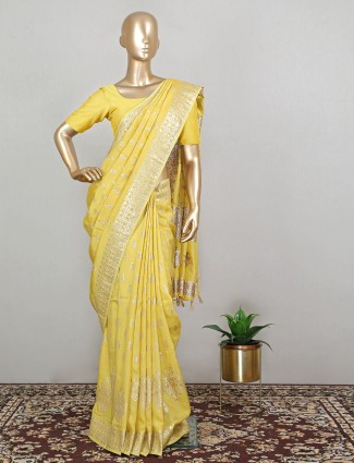 Magnificent dusty yellow wedding look dola silk saree