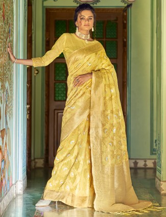 Magnificent pine yellow linen saree for women