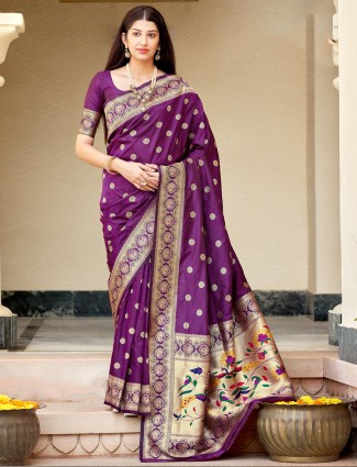 Magnificent purple wedding look banarasi silk saree for women