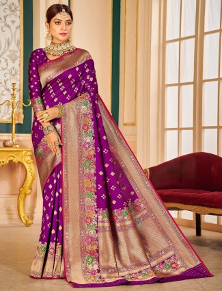 Magnificent purple wedding look banarasi silk sari