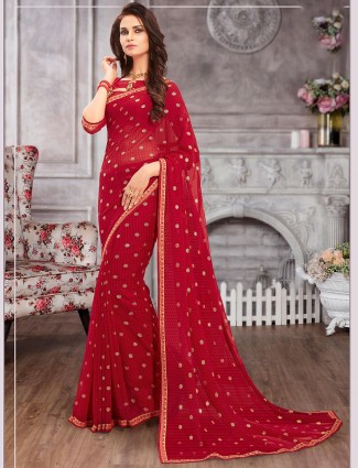 Magnificent red printed georgette saree for festive wear