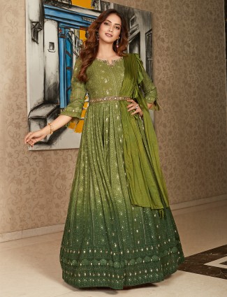 Mahendi green anarkali suit in georgette for wedding and party