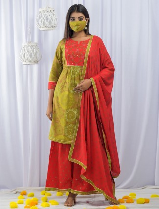 Mahendi green cotton festive wear printed punjabi style palazzo suit