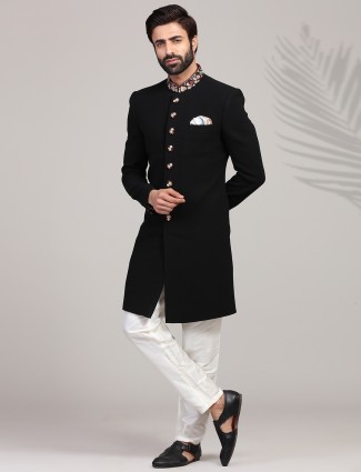 Majestic solid black terry rayon indo western set