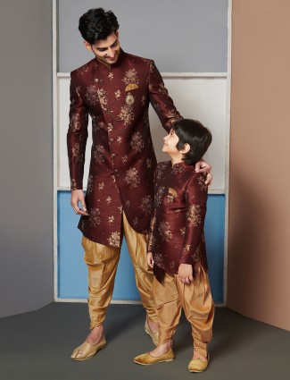 Maroon father-son indo western for wedding function