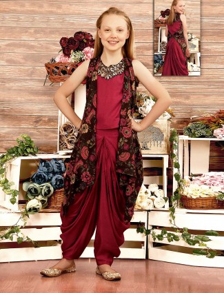 Maroon hue jacket style dhoti suit in cotton silk