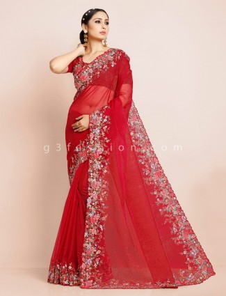 Maroon net wedding wear designer saree