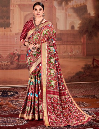 Maroon printed wedding look patola silk saree