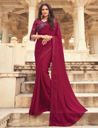 Maroon satin saree for festive and party look