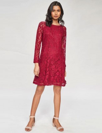 Maroon Self Design Lace Fit & Flare Dress