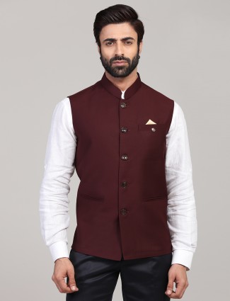 Maroon solid terry rayon mens party wear waistcoat