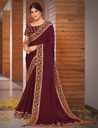 Maroon zari weave wedding look trendy silk saree