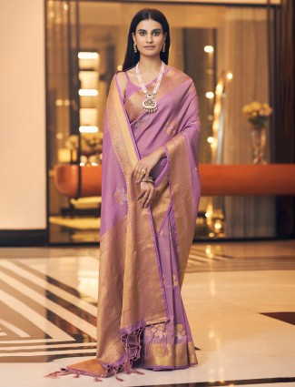 mauve pink fabulous raw silk saree for wedding look