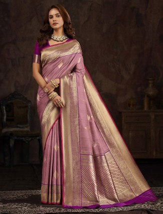 Mauve purple banarasi silk checks saree