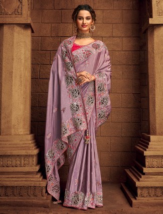 Mauve purple wedding look tissue silk saree