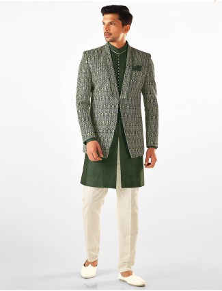 Mehendi green jacket style semi indo-western set in raw silk