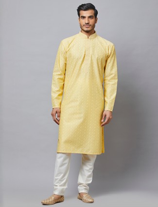 Men yellow cotton silk kurta set