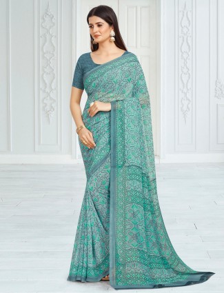 Mint green festive occasions georgette printed saree