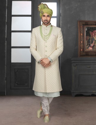 Modern silk beige lakhnavi style sherwani set