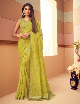 Modish lime green party satin saree for women