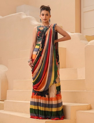 Multi color stripe pre-drape saree