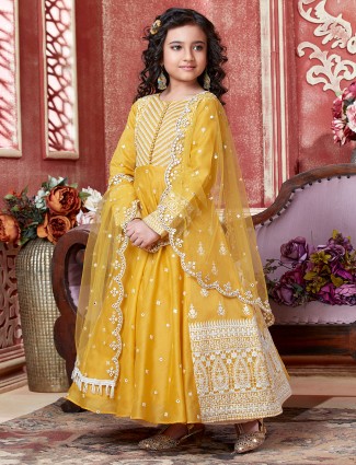 Mustard anarkali suit for little girl with odhani