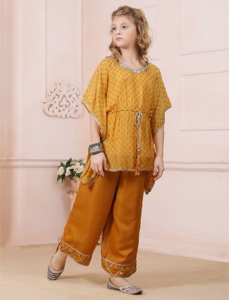 Mustard yellow cotton silk punjabi palazzo suit for girls