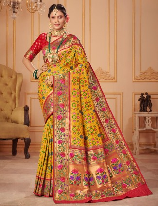 Mustard yellow extraordinary wedding events patola silk sari