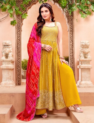 Mustard yellow georgette palazzo suit with dupatta