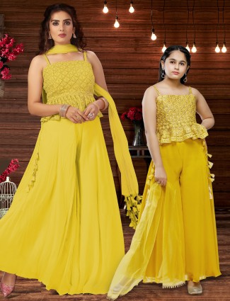 Mustard yellow mother daughter matching palazzo Suit in georgette