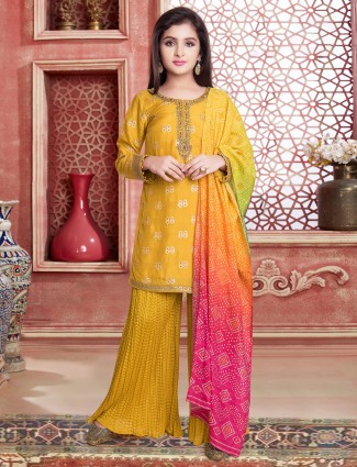 Mustard yellow palazzo suit for little girls in georgette
