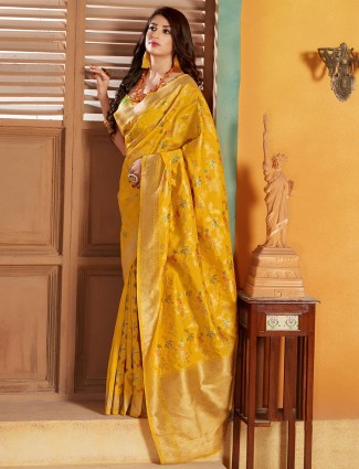 Mustard yellow semi banarasi silk wedding saree