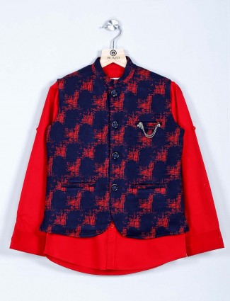 Navy and red cotton printed boys waistcoat