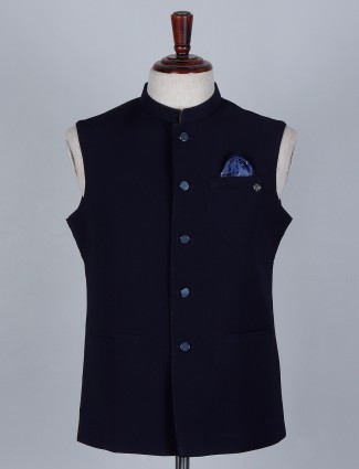 Navy blue colored terry rayon waistcoat