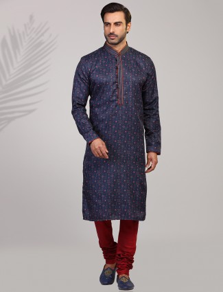 Navy cotton silk slim fit printed wear kurta suit
