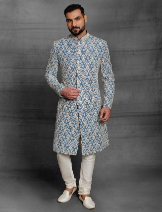 Navy hued silk sherwani for wedding