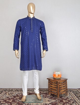 Navy hued  thread and mirror weave cotton kurta suit