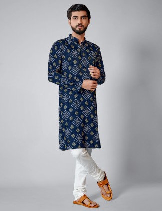 Navy printed festive wear kurta set in cotton silk